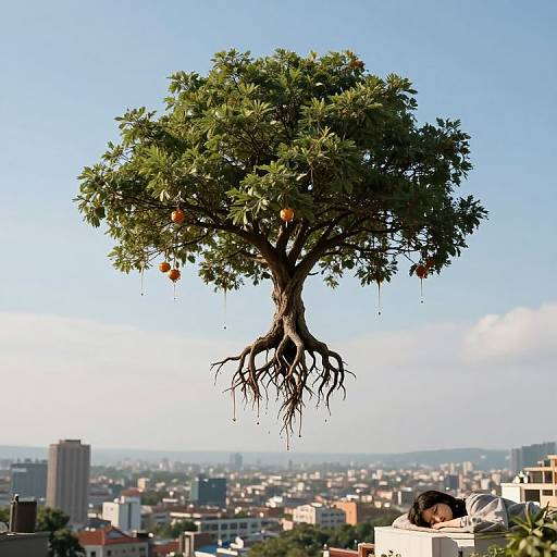 Photograph of a floating orange tree with visible roots, set against a clear blue sky and an urban cityscape below.