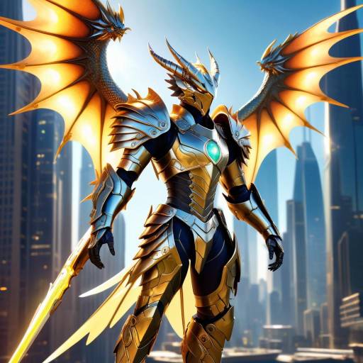 Heroic Dragon Warrior in Futuristic Cityscape