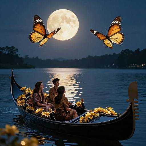 Photograph of three people in a moonlit boat, surrounded by flowers, with two orange butterflies flying above a glowing full moon over a calm lake.