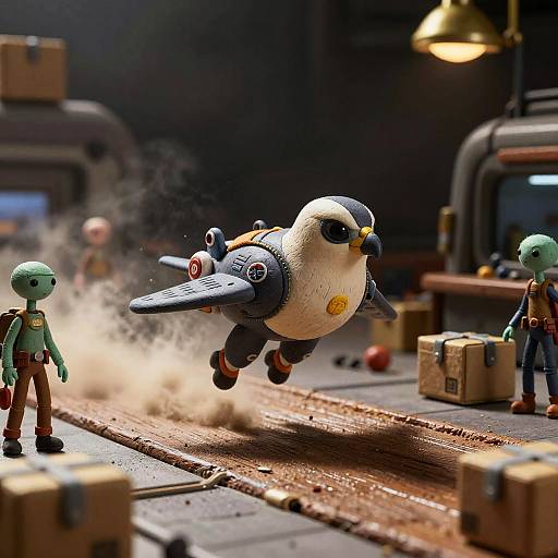 Photograph of a detailed LEGO scene: a flying bird with jet engines, surrounded by green LEGO figures, boxes, and a workshop background.