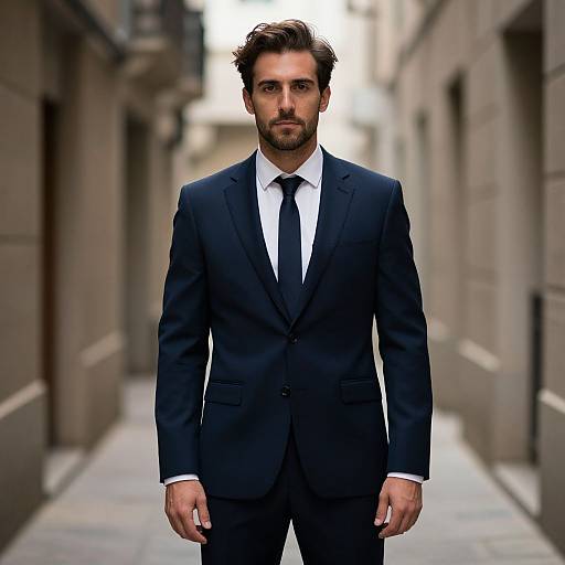 Photograph of a handsome, bearded man with dark hair in a black suit, white shirt, and black tie, standing in a narrow, blurred