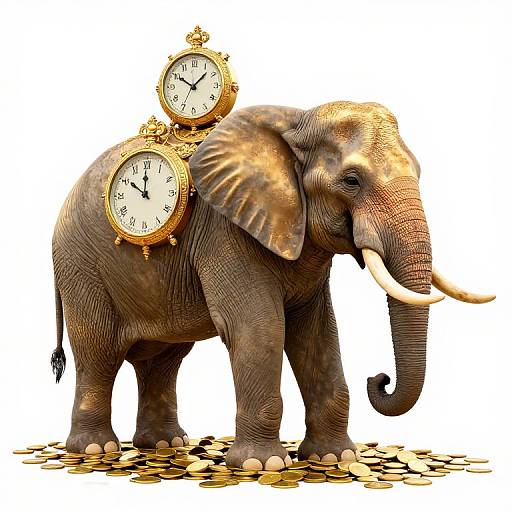 Photograph of a large, gray elephant with three ornate gold clocks on its back, standing on scattered gold coins, white background.