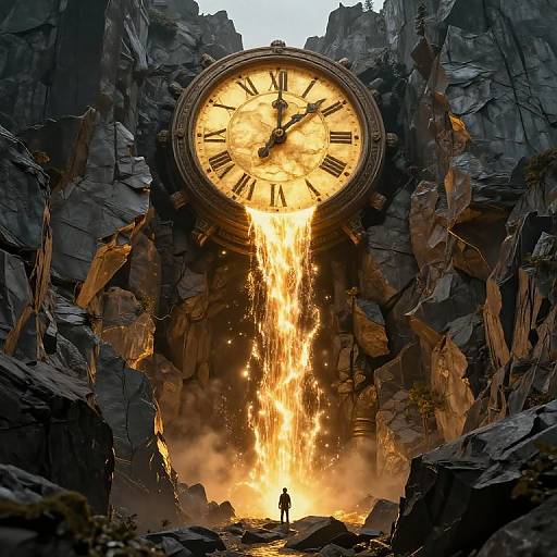 Photorealistic CGI: Giant, glowing clock with Roman numerals embedded in rocky cliff, clock hands pointing to 10:10, fiery flames pouring