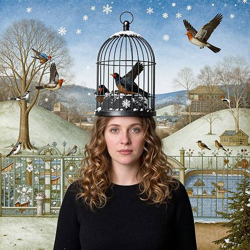 Photograph of a young woman with wavy brown hair, wearing a black sweater, with a birdcage on her head, set against a surreal