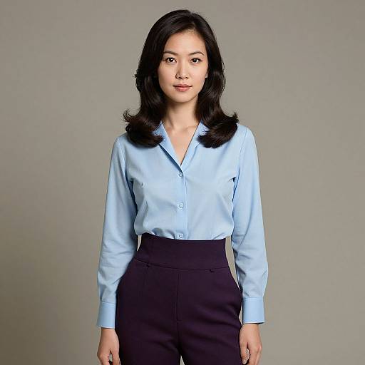 Photograph of an Asian woman with long black hair, wearing a light blue button-up shirt and black high-waisted pants, standing against a plain