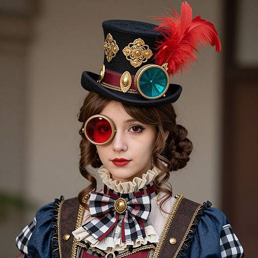 Victorian-style photograph of a young woman with fair skin, red eyepatch, blue-green goggles, black top hat with red feather, plaid