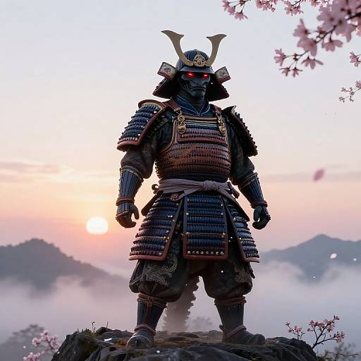 Digital artwork of a menacing samurai warrior in traditional armor with red glowing eyes, standing on a rocky hill at sunset, cherry blossoms in the background