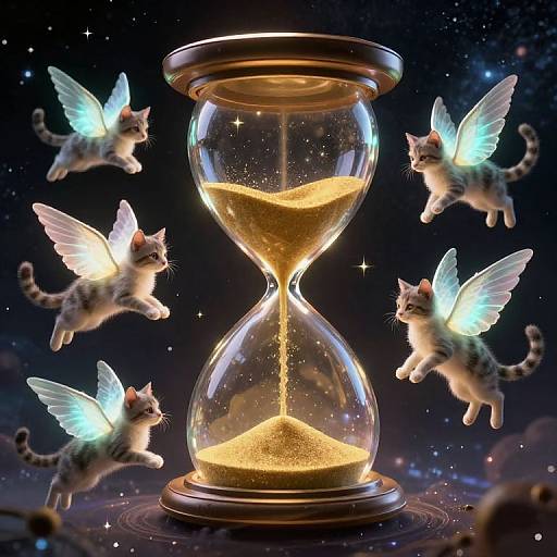 Digital artwork: Five glowing, winged kittens surround a golden sand hourglass against a starry night sky, with sparkling stars.