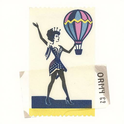 Vintage-style illustration of a woman in a polka-dotted dress, black stockings, and heels, holding a colorful hot air balloon, with 