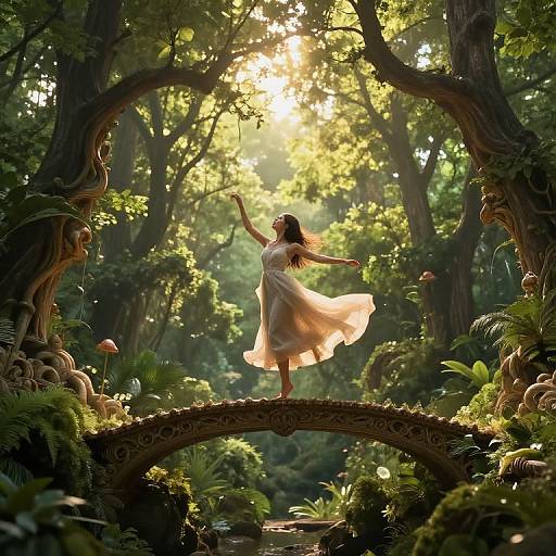 Photograph-like digital art of a woman in a flowing white dress, joyfully dancing on an ornate wooden bridge in a sunlit, lush forest