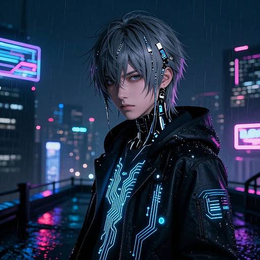 Cyberpunk portrait of a young, androgynous person with grey hair, glowing neon patterns, and cybernetic accessories, standing in a