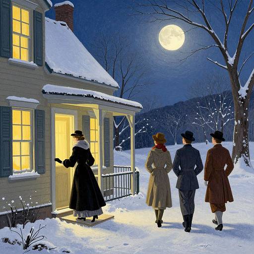 Victorian-style illustration of four people in winter clothing approaching a snow-covered house with glowing yellow windows under a full moon.