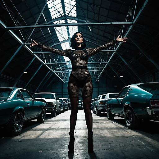 Fashion Model in Gothic Fishnet Dress in Car Garage