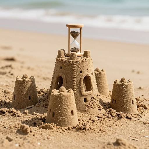 Photograph of a sandcastle with four towers and a wooden hourglass on top, set against a sunny beach with blue ocean waves in the background.