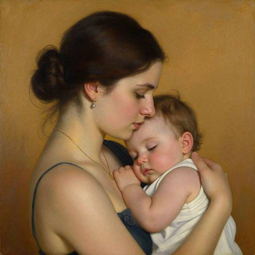Digital painting of a fair-skinned woman with dark hair in a bun, wearing a black strap dress, gently kissing a sleeping baby in a white sleeve