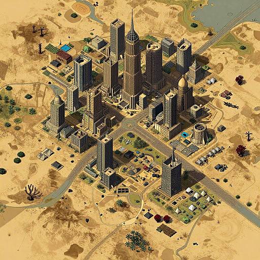 Digital isometric illustration of a desert city with tall skyscrapers, grid roads, scattered buildings, and sparse vegetation, set against a sandy, ar