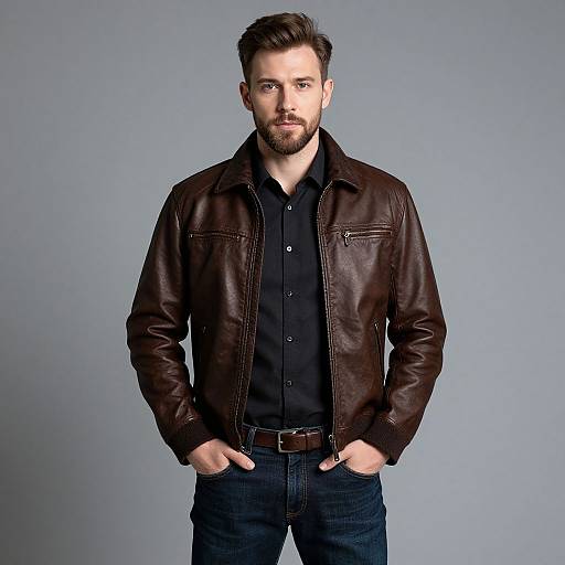 Photograph of a bearded, brown-haired man with blue eyes, wearing a black leather jacket over a black shirt, dark jeans, and brown belt