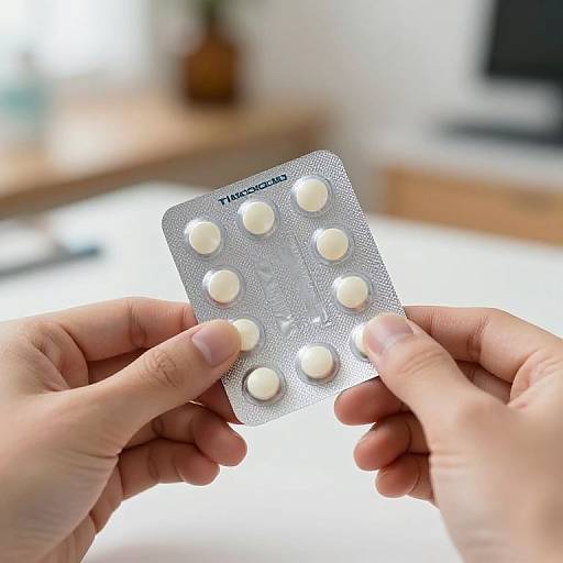 Close-up photograph of a hand holding a silver blister pack with ten white pills, slightly blurred modern living room background.