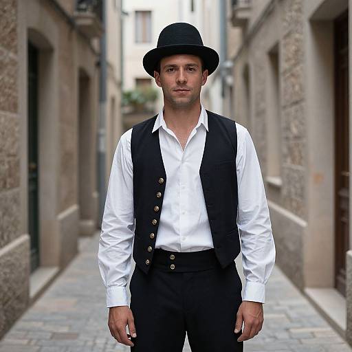 Photograph of a handsome man with olive skin, wearing a black hat, white shirt, black vest, and pants, standing in a narrow, stone
