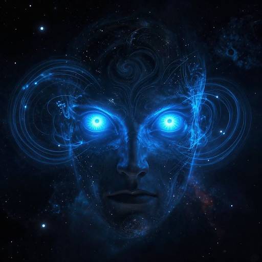 Digital artwork of a mysterious, blue-luminous face with glowing eyes, surrounded by swirling cosmic patterns against a starry black background.