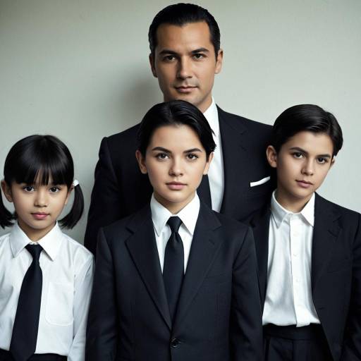 Father and Children in Classic Black Suits