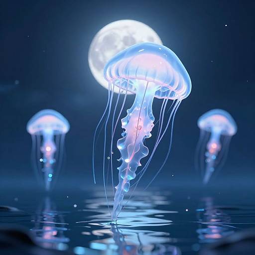 Photograph of glowing blue and white jellyfish with translucent bodies and long, flowing tentacles, floating in a dark, reflective ocean water, with two