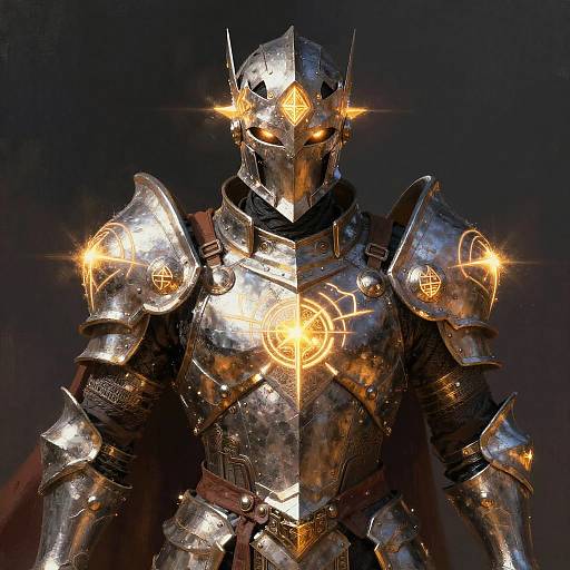 Photorealistic CGI of a glowing, silver-armored knight with intricate, radiant orange patterns on chest, shoulders, and helmet, set against a dark