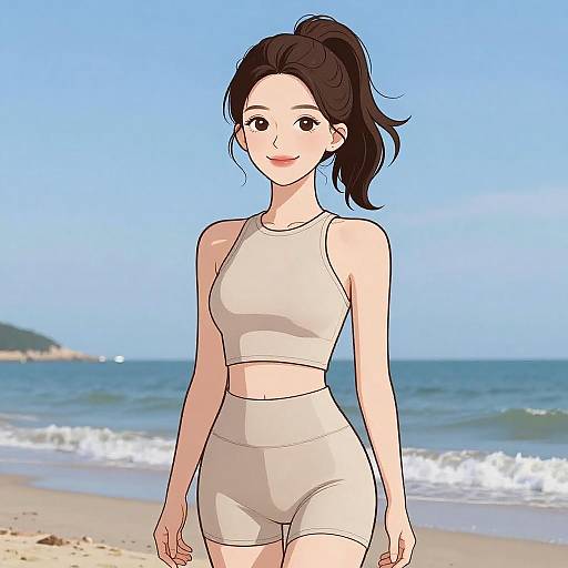 Digital anime-style drawing of a smiling young woman with fair skin and dark brown hair in a ponytail, wearing a white crop top and high-wa