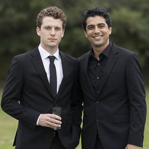 Two Men in Suits with Green Foliage