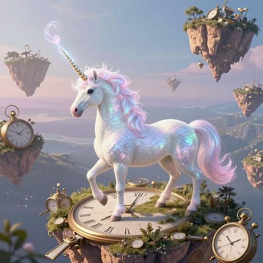 Digital fantasy artwork: Glittering white unicorn with a glowing horn stands on a clock platform, surrounded by floating islands and clocks.