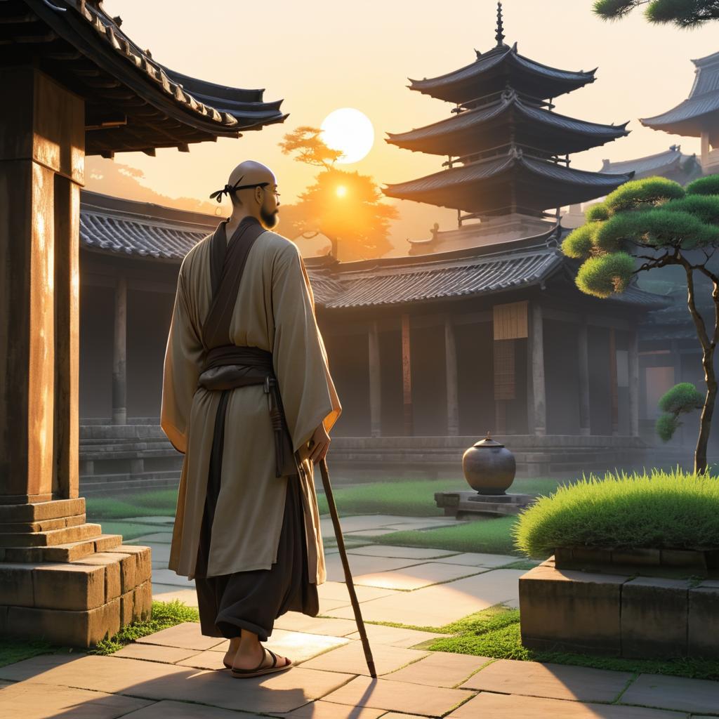 Serene Monk in Tranquil Temple Courtyard