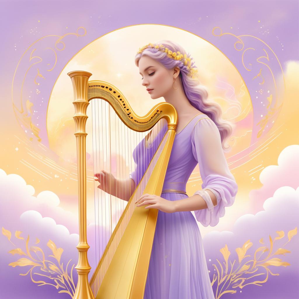 Graceful Harpist in Lavender and Gold