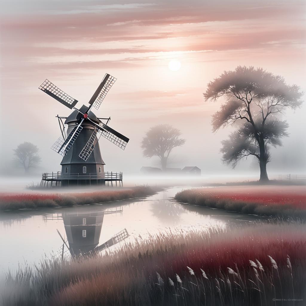 Ethereal Foggy Windmill Painting