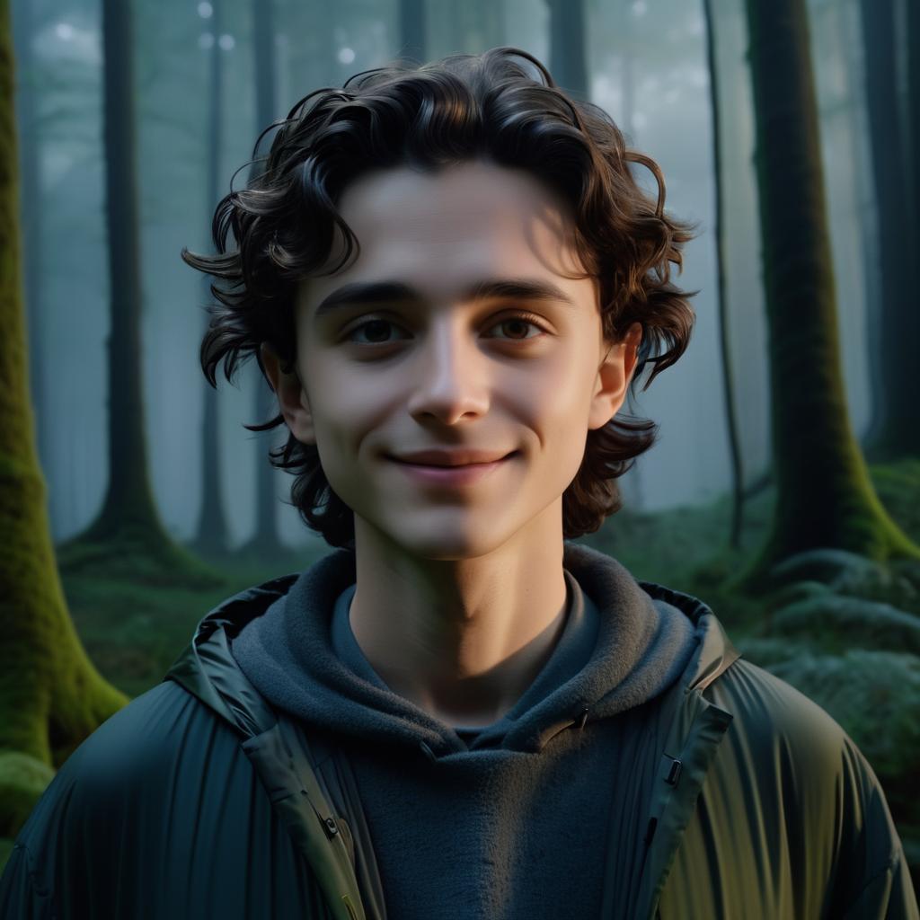 Eerie Timothee Chalamet in Misty Forest