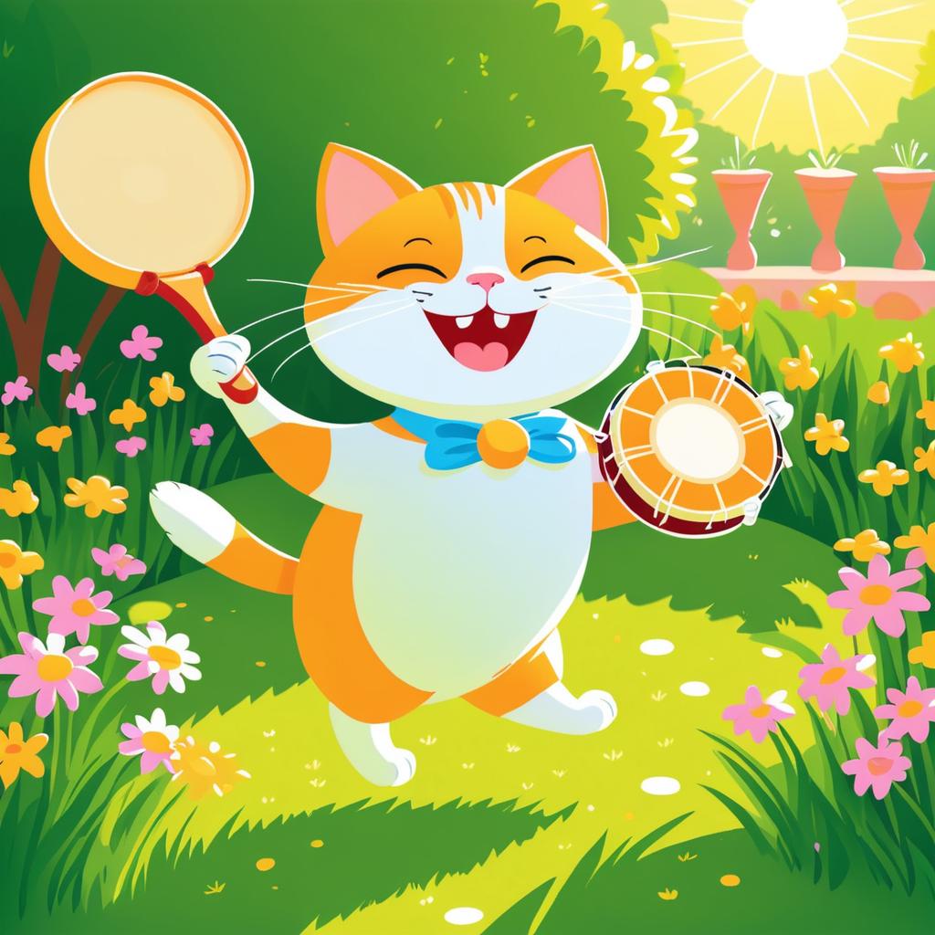 Playful Cat with Tambourine in Garden