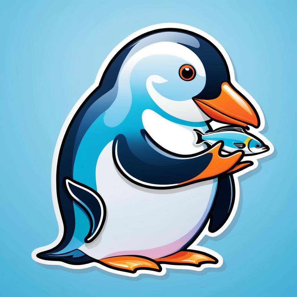 Colorful Penguin Sticker with Fish Design