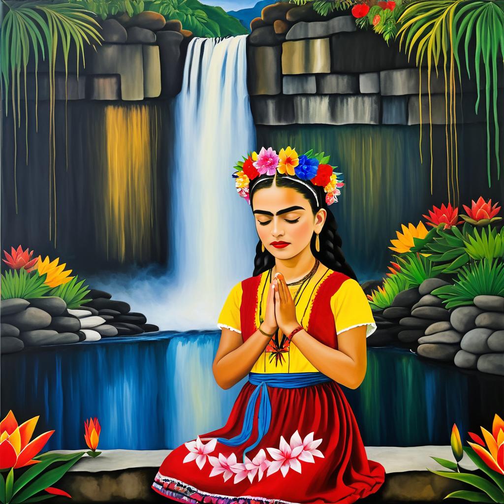 Vibrant Girl Praying by Waterfall