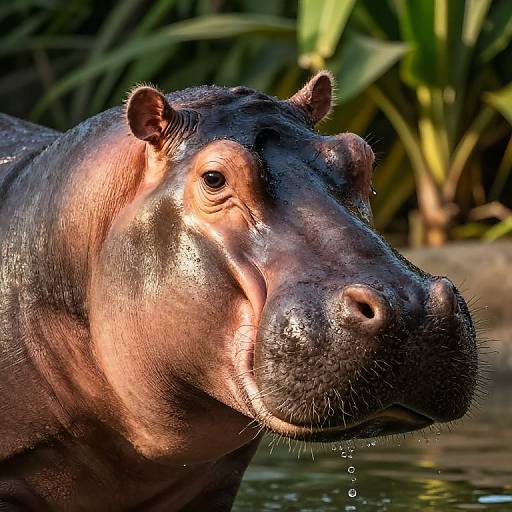 Close-up photograph of a wet hippo with glossy, dark brown skin, small ears, and a large, rounded snout, surrounded by green foliage