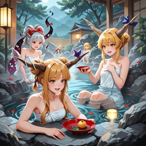 Cheerful Onsen Scene with Touhou Girls