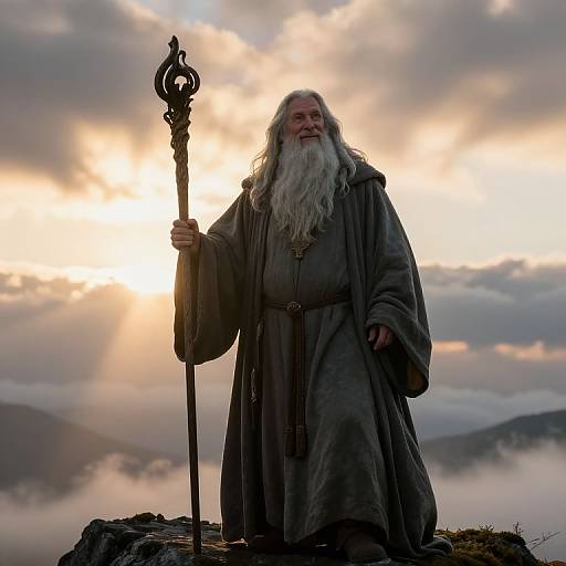 Photograph of a white-bearded wizard in a gray robe holding an ornate staff, standing on a rocky peak at sunrise with cloudy skies and mist
