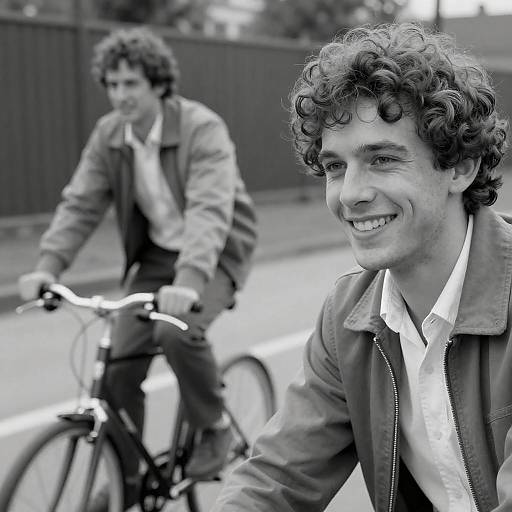 Curly-Haired Man on Bicycle and Close-Up