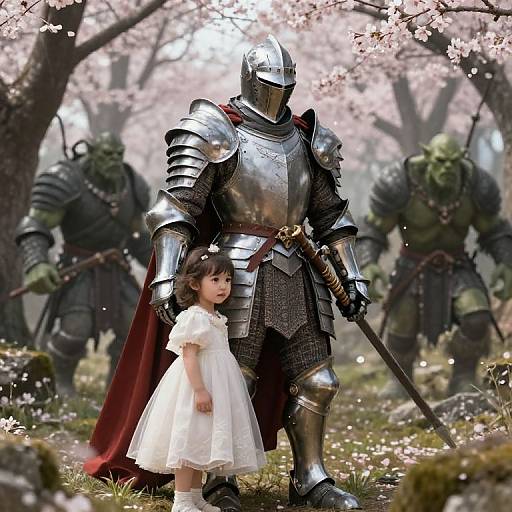 Knight Protecting Toddler in Cherry Blossom Forest