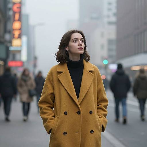 Photograph of a young woman with fair skin and brown hair, wearing a mustard-yellow coat, standing on a busy, blurred city street at dusk,
