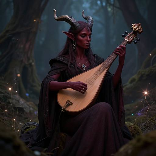 Digital fantasy artwork of a dark-skinned demon woman with horns, long black hair, and elf-like ears, playing a lute in a mystical forest