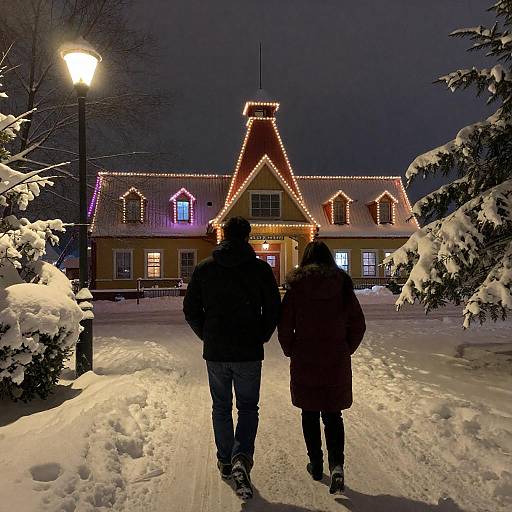 Snowy Night Stroll Past Festive Inn
