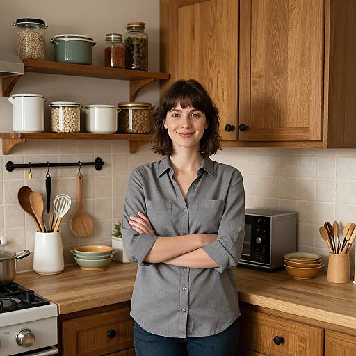 Photograph of a smiling, white woman with shoulder-length brown hair, wearing a gray button-up shirt, standing in a cozy wooden kitchen.