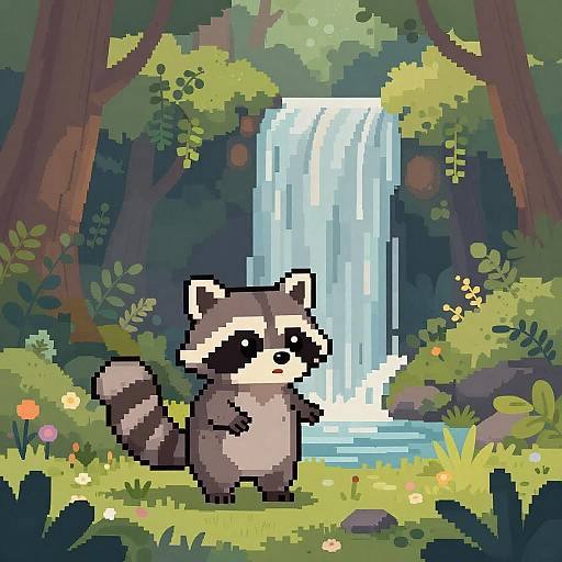 Pixel art of an adorable raccoon standing in front of a cascading waterfall in a lush forest, surrounded by colorful flowers and greenery.
