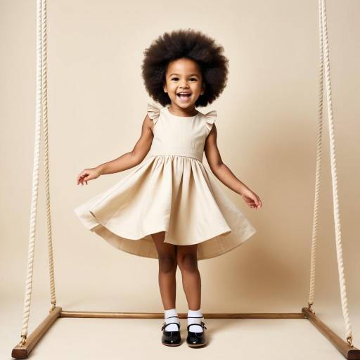Smiling little girl in beige dress on swing