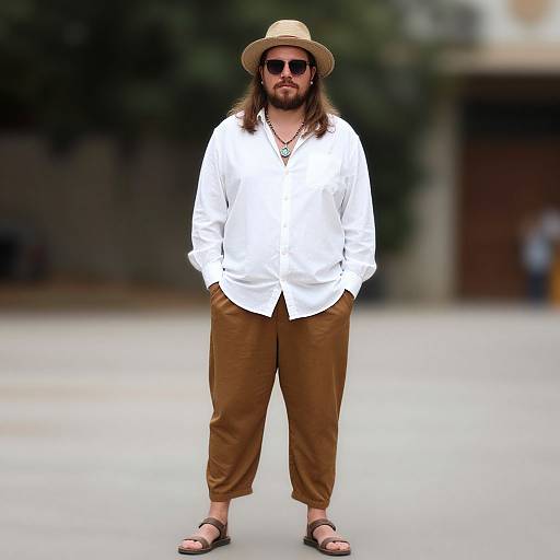 Photograph of a bearded man with long brown hair, wearing a beige hat, white shirt, brown pants, sunglasses, and sandals, standing confidently