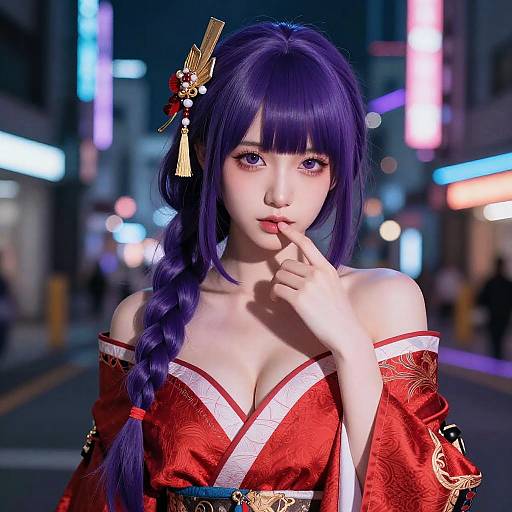 Cyberpunk Geisha with Purple Braided Hair